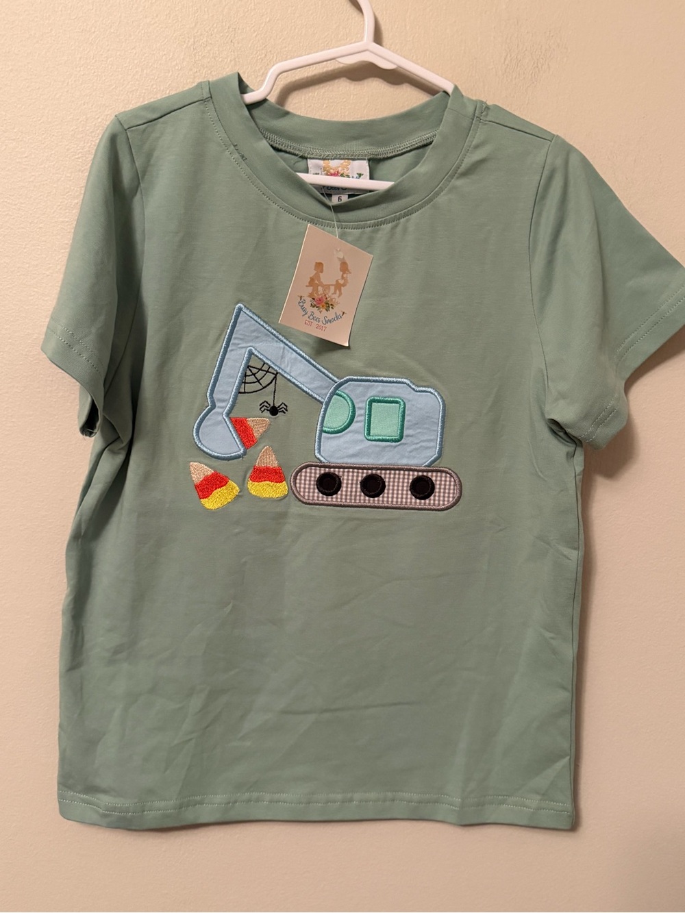 Busy Bee Smocks Light Green Excavator Halloween Appliqué Tee